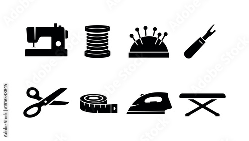 Home sewing tools: sewing machine, thread spool, pin cushion, seam ripper, fabric scissors, measuring tape, iron, ironing board