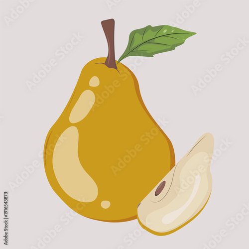 A large, clear pear with a green leaf isolated on a light background. Hand-drawn pear and pear branches for backgrounds, screensavers, icons, and images.