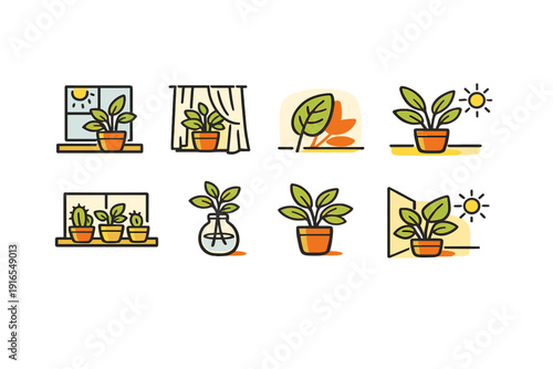 Indoor plant care: sunlight and growth setup icons