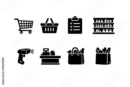 Black silhouettes of shopping cart, basket, and grocery icons on white