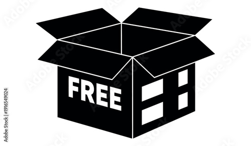 Black cardboard box with free text on side and open lid