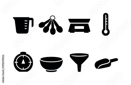 Kitchen measuring tools: measuring cup, measuring spoon, kitchen scale, thermometer, timer, mixing bowl, funnel, scoop