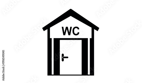 A black and white icon of a wc toilet symbol with a roof and door