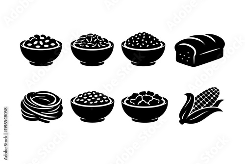 Assorted grains and bread illustrations - bowls, bread, pasta, corn icons