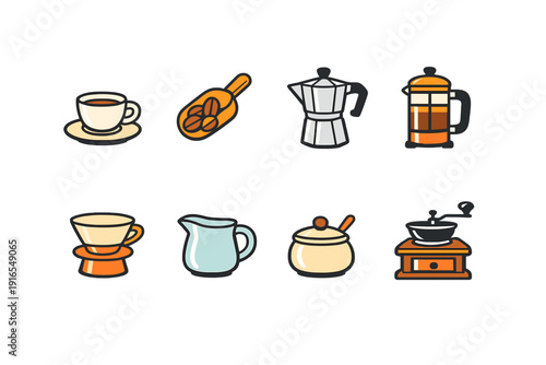 Stylized coffee icons set featuring moka pot, french press, grinder, and more