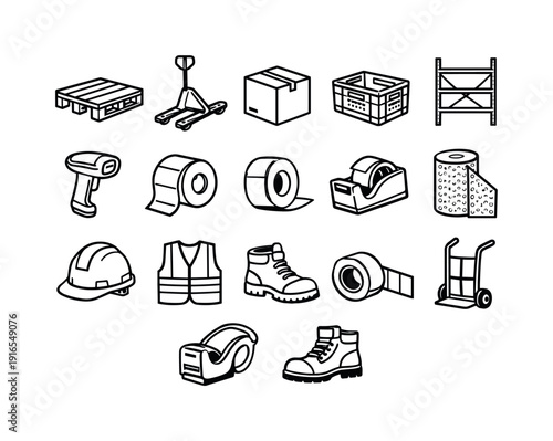 Office warehouse supplies: pallet, pallet jack, cardboard box, plastic crate, storage bin, shelving rack, barcode scanner, label roll, packing tape