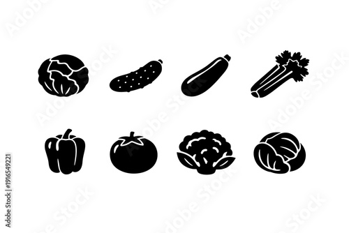 Silhouette icons of various vegetables including cabbage, cucumber, zucchini, and celery