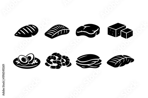 Icon set of food items: bread, fish, meat, tofu, and more