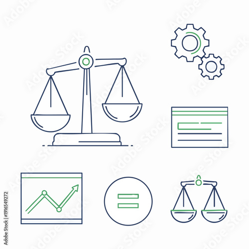 AI Generation Web Icons illustrating Artificial Intelligence concepts including scale balance analytics and settings in a simple line art style