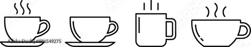 Coffee cup and mug outline icon set, hot beverage steaming cups collection, minimalist line art cafe symbols isolated, vector illustration