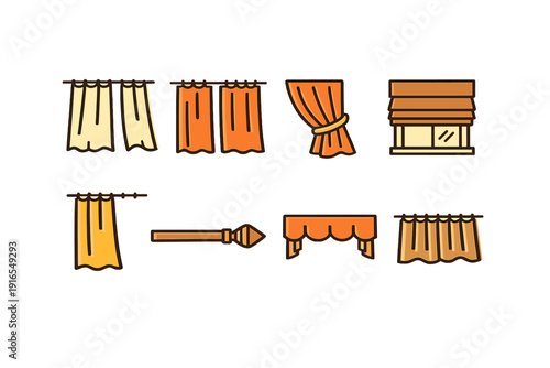 Various curtain styles in warm tones: drapes, blinds, and rods