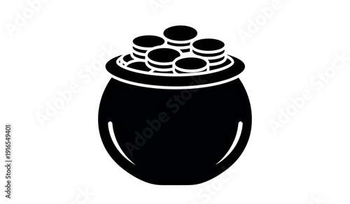 Black cauldron filled with gold coins on, symbolizing wealth and magic in a simple vector illustration style