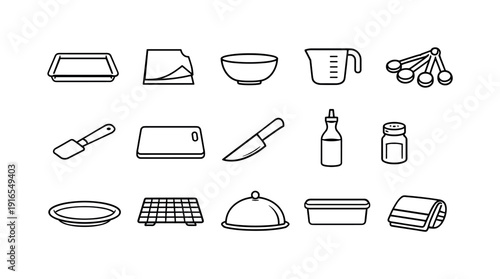 Home roasted eggplant strips tools icon set showing baking tray, parchment paper, mixing bowl, measuring cup, measuring spoon, spatula, cutting board