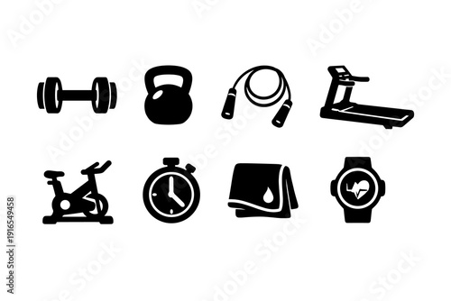 Fitness equipment icons: dumbbell, kettlebell, jump rope, treadmill