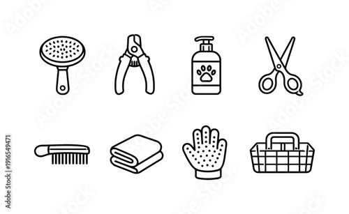 Home pet grooming items: grooming brush, nail clipper, pet shampoo bottle, grooming scissors, fur comb, drying towel, grooming glove, storage caddy