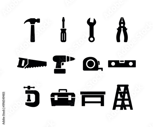 Garage hand tools: hammer, screwdriver, wrench, pliers, hand saw, drill, tape measure, level, clamp, toolbox, workbench, ladder