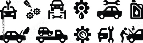 car repair service mechanic change automobile engine oil tow truck black icons set vector illustration 