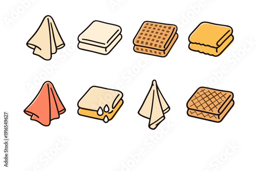 Set of eight colorful towel icons in various styles and designs