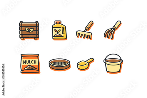 Garden tools and supplies icons: mulch, fertilizer, rake, trowel, compost bin