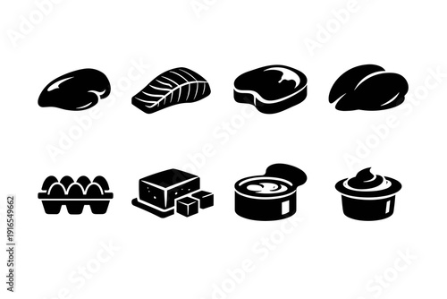 Icon set: meat, fish, eggs, tofu, canned food, dairy - black silhouettes