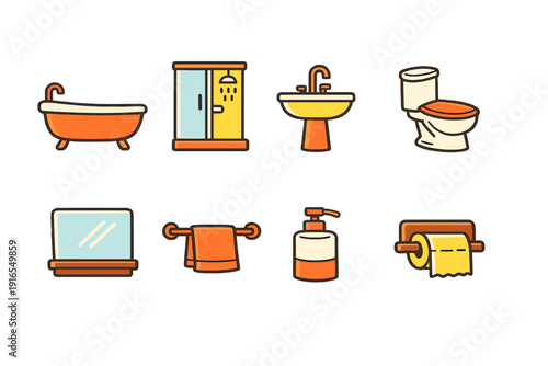 Bathroom and technology icons: bathtub, shower, laptop, hygiene essentials