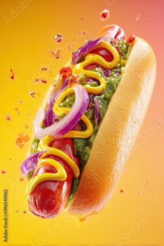 Vibrant Gourmet Hot Dog with Zesty Toppings and Dynamic Splashes on Gradient Background.