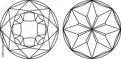 Round brilliant diamond top and bottom view diagram, geometric faceted gemstone cut template for jewelry branding, luxury outline design, vector illustration