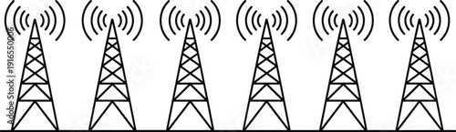 Telecommunication radio towers, wireless signal antennas broadcasting waves, mobile network infrastructure, black and white vector line art, technology background