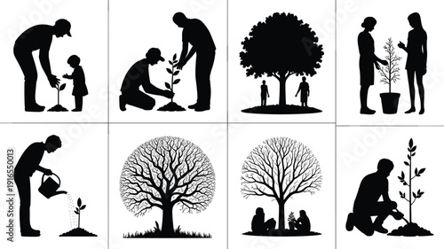 Family tree planting silhouettes set, sustainability and growth concept vector