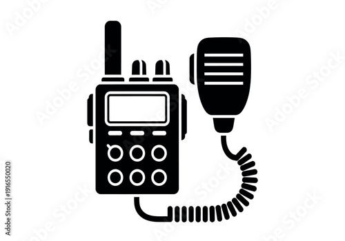 Black and white illustration of a handheld twoway radio with a microphone attached, communication device
