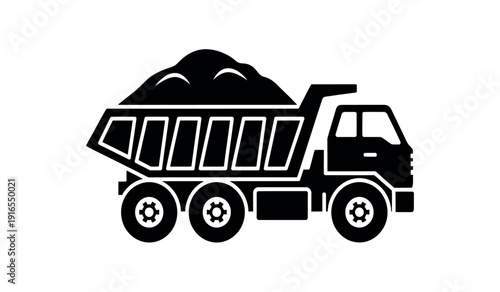 Black silhouette of a dump truck with a pile of dirt in the back
