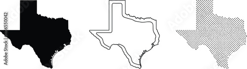 Texas state map set, solid black silhouette, double line border outline and halftone dotted pattern design for infographic, branding, print and web use, vector illustration