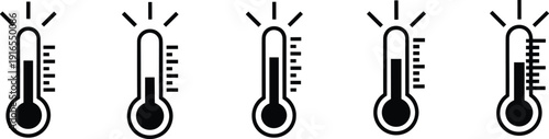 Thermometer temperature level icon collection, hot weather heat measurement symbols, climate change alert indicators, minimal black outline style set, vector illustration