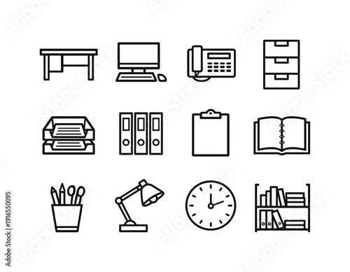 Facility administration office workspace in linear style: office desk, desktop computer, desk phone, filing cabinet, document tray, binder, clipboard