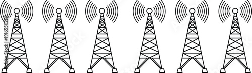 Wireless communication towers, radio antennas broadcasting signal waves, telecom network infrastructure, black and white vector illustration, technology connectivity concept