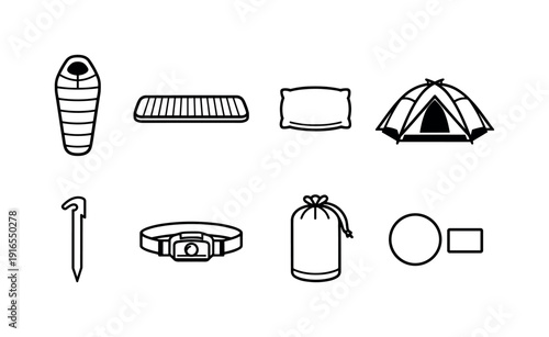 Outdoor camping sleeping gear: sleeping bag, sleeping pad, camping pillow, tent, ground stake, headlamp, stuff sack, repair patch