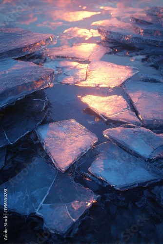 Vibrant Golden Hour Reflections on Shattered Ice Floes, Creating a Dynamic Winter Mosaic of Warm and Cool Tones.