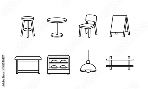 Coffee shop furniture: bar stool, cafe table, cafe chair, menu board, counter table, display case, pendant lamp, wall shelf