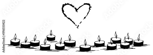 Hand drawn sketch of row of lit candles with heart shape above