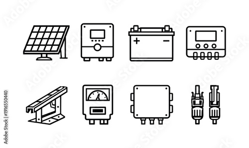 Home solar energy equipment: solar panel, inverter unit, battery pack, charge controller, mounting bracket, power meter, junction box, cable connector