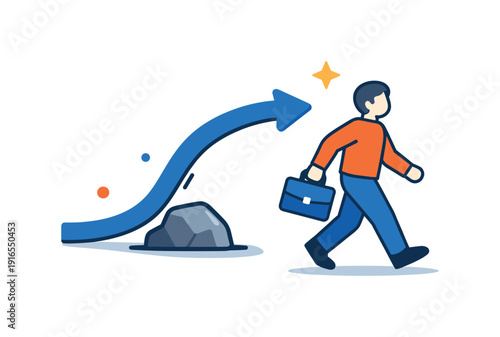 Personal resilience and adaptability during change in professional life, a flexible arrow bending around a small obstacle and a human figure