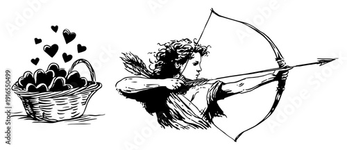 Vector illustration of Cupid shooting an arrow next to a basket of hearts