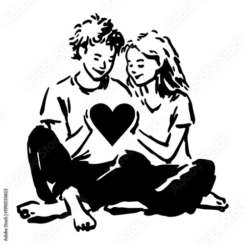 Young barefoot couple sitting together holding a large heart symbol sketch