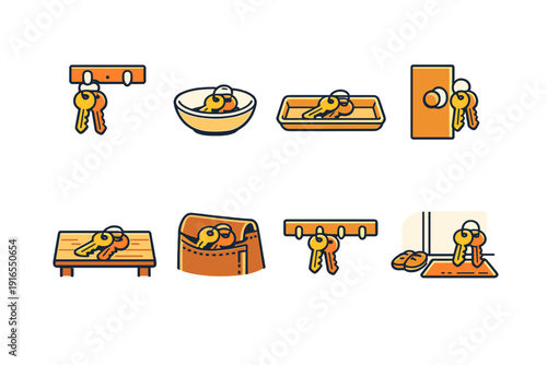 Illustrated key storage solutions in various household settings