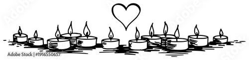 Row of burning tea light candles with a floating heart symbol