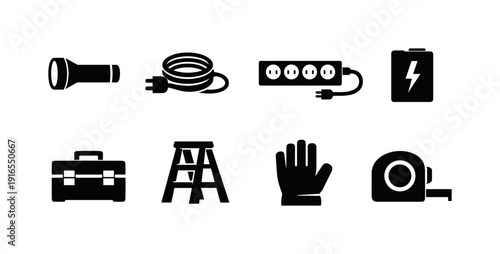Home utility tools: flashlight, extension cord, power strip, battery pack, tool box, step ladder, work glove, tape measure