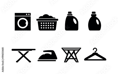 Home laundry room tools: washing machine, laundry basket, detergent bottle, fabric softener bottle, ironing board, iron, drying rack, clothes hanger