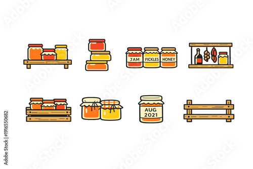 Colorful arrangements of jars and bottles in wooden shelves