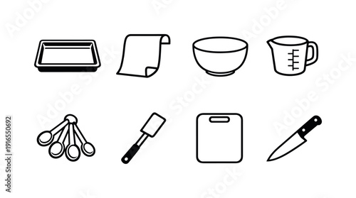 Home dehydrated snack preparation tools: baking tray, parchment paper, mixing bowl, measuring cup, measuring spoon, spatula, cutting board, chef knife