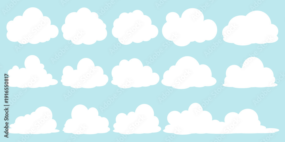 Fototapeta premium set of vector illustrations of clumpy clouds, cloud bubbles in flat style on a blue background